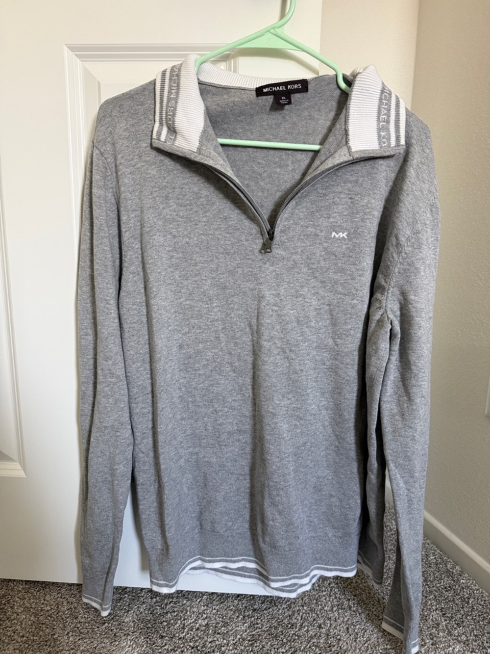 Michael Kors Men's Light Gray Zip-Neck Sweater with MK Logo